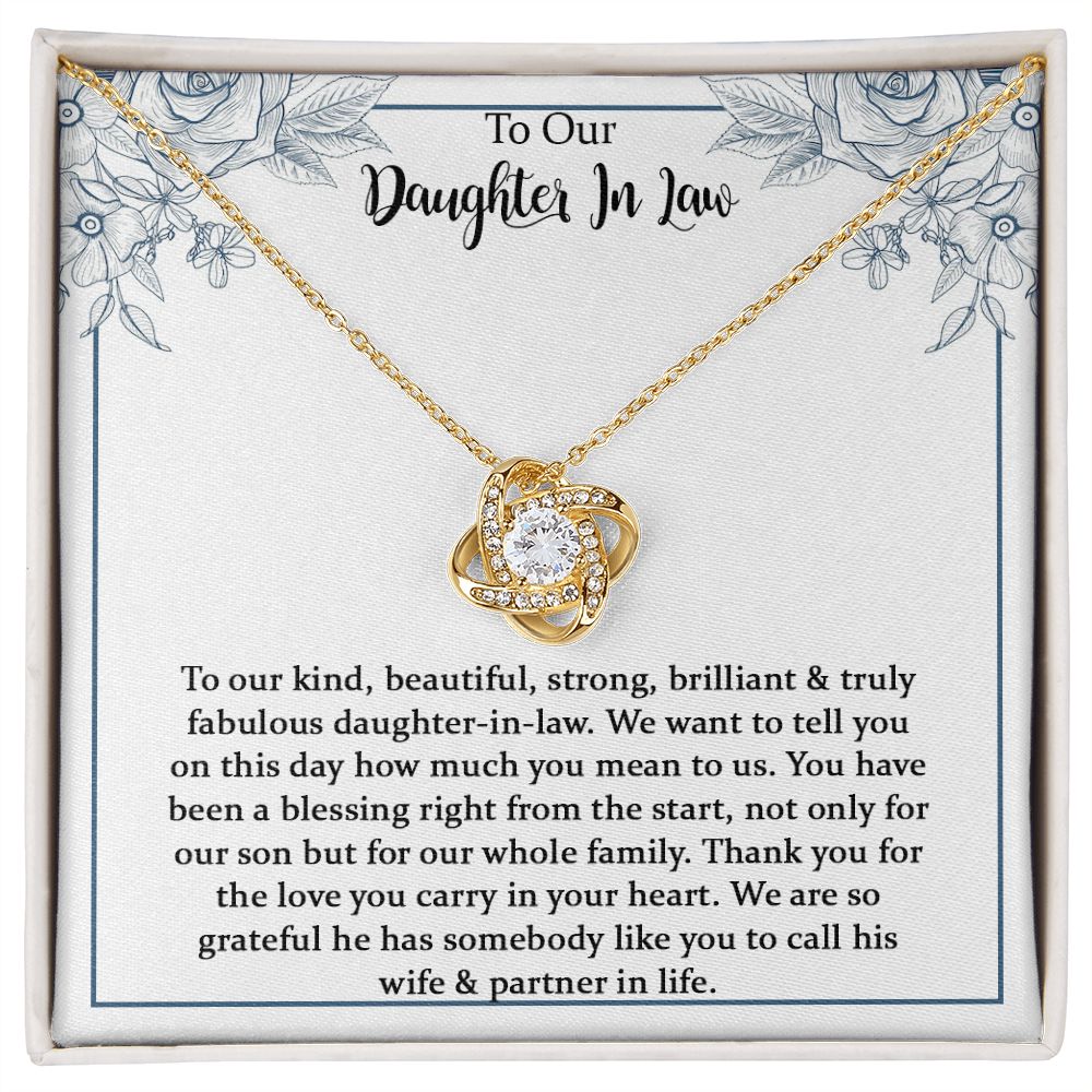 Daughter in Law Gifts from Mother in Law, To Our Daughter In Law Love Knot Necklace Gift on Wedding Day, Bride Gift from Mother & Father in Law, Jewelry Gift for Daughter in Law with Message Card