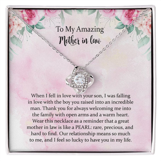 Mother in Law Love Knot Necklace Gift for Mother in Law on Wedding Day, Christmas Birthday Gifts for Grandma, Step Mom, Mother in Law, Mother of Groom, and Goddaughter with a Message Card