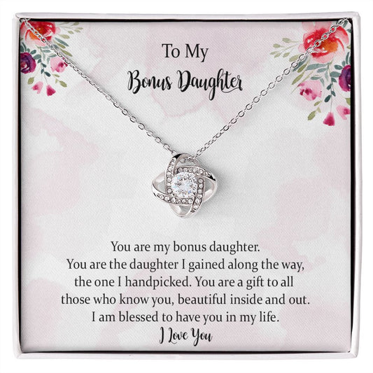 To My Bonus Daughter Love Knot Necklace，Step Daughter Gift from Stepmom Stepdad，Jewelry Gift for Daughter on Birthday, Christmas, Graduation with Message Card