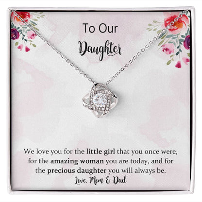 Daughter Love Knot Necklace Gift from Mom Dad, Mother Daughter Necklace， Birthday Graduation Christmas Jewelry Gifts for Our Beautiful Daugther with Message Card