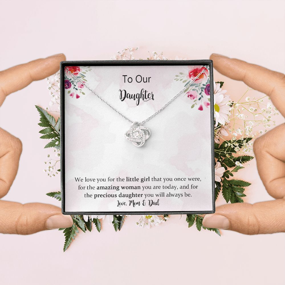 Daughter Love Knot Necklace Gift from Mom Dad, Mother Daughter Necklace， Birthday Graduation Christmas Jewelry Gifts for Our Beautiful Daugther with Message Card