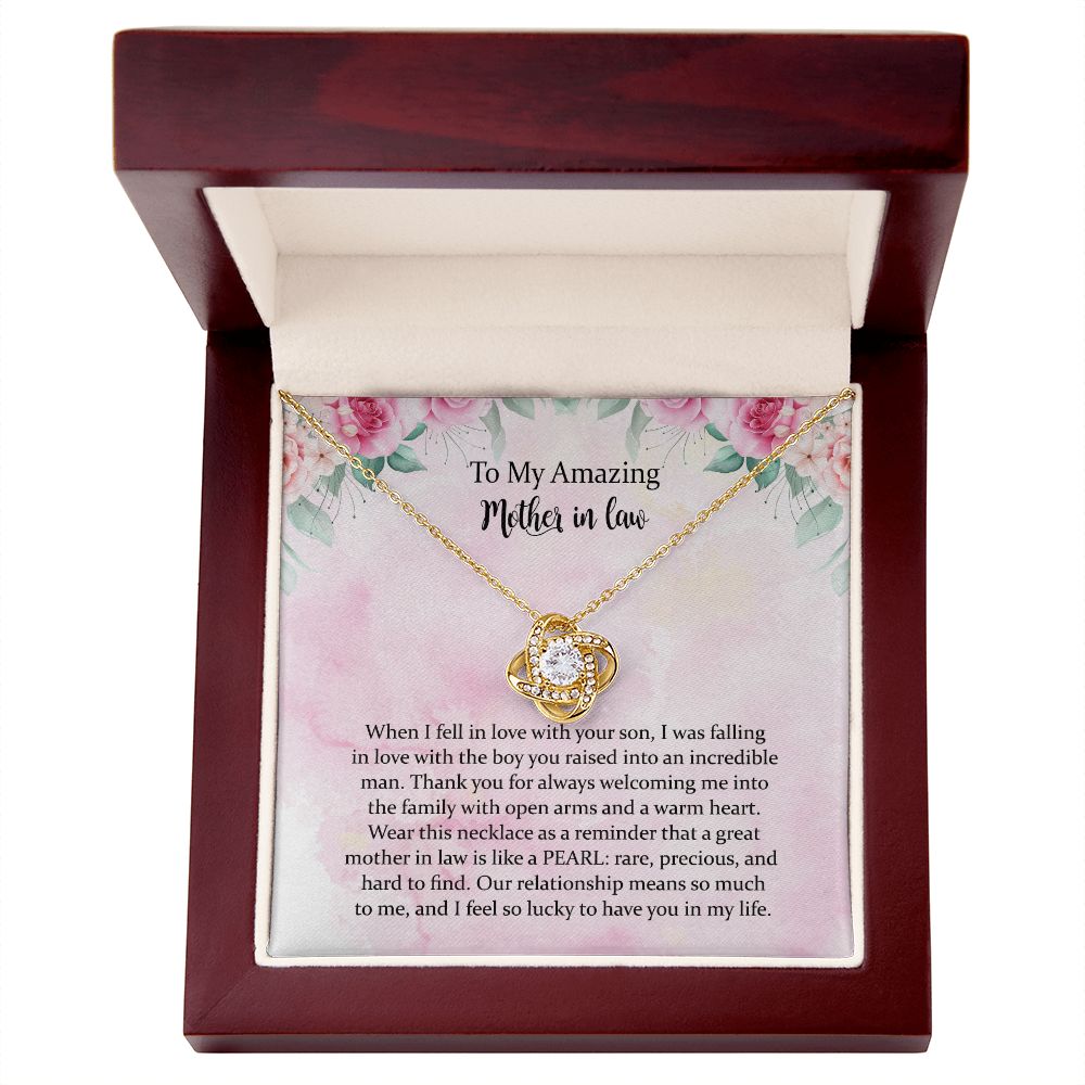 Mother in Law Love Knot Necklace Gift for Mother in Law on Wedding Day, Christmas Birthday Gifts for Grandma, Step Mom, Mother in Law, Mother of Groom, and Goddaughter with a Message Card