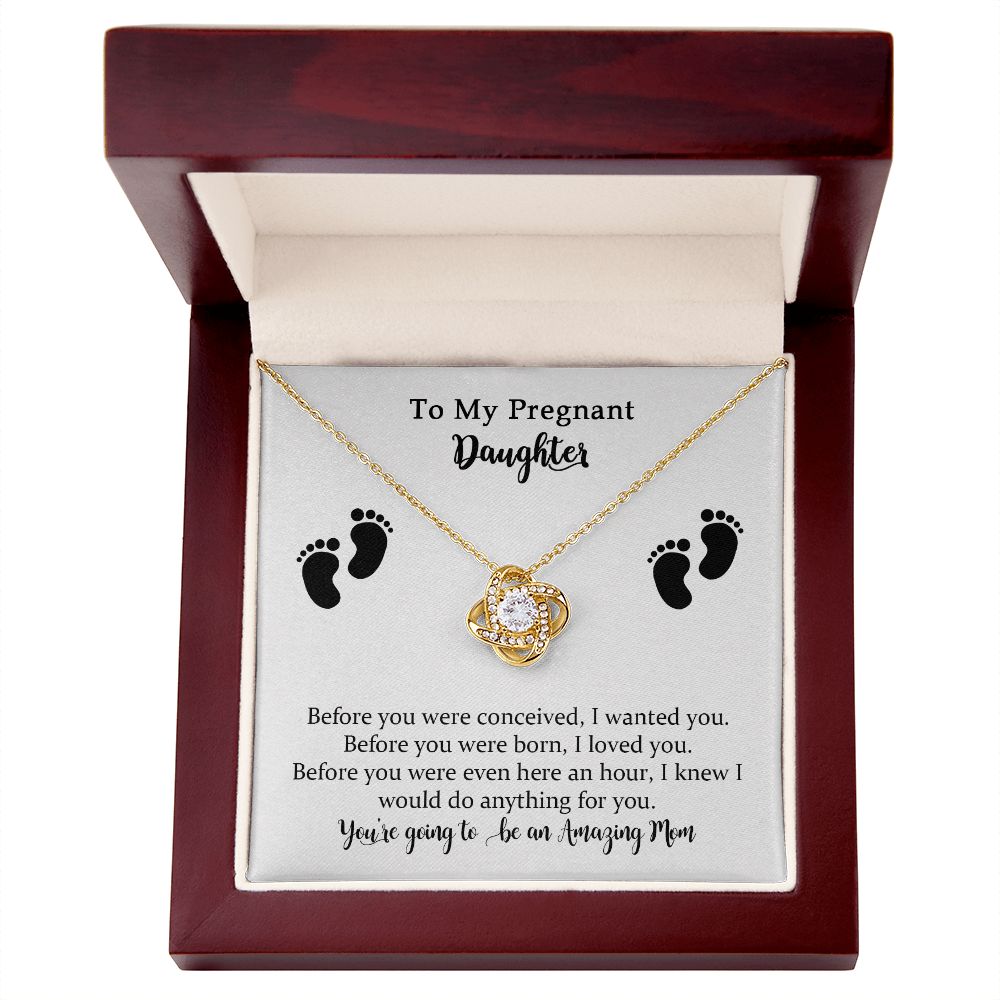 Pregnancy Love Knot Necklace from Mom, To My Daughter Jewelry Gift on Your Pregnancy，Mom to Be Gift，Pregnancy Necklace for Expecting New Mom with Message Card
