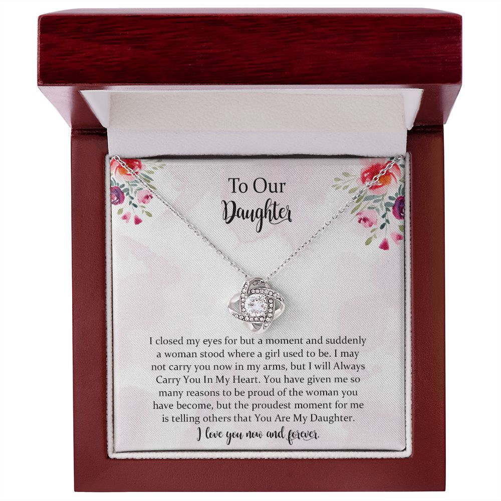 Daughter Gift from Mom， To My Daughter Love Knot Necklace， Gift for Daughter from Mother， Birthday Graduation Christmas Jewelry Gifts for My Beautiful Daugther with Message Card.