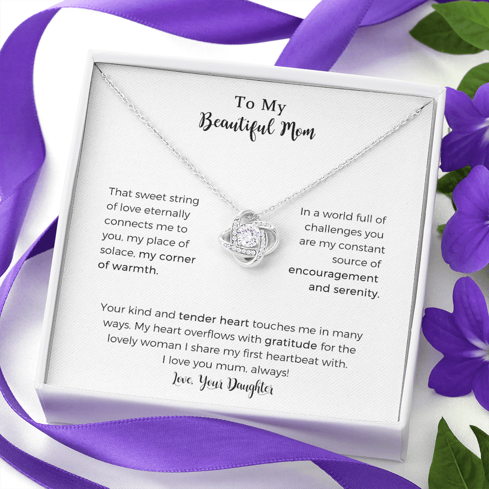 To My Beautiful Mum Love Knot Necklace For Mom, That Sweet String Of Love Necklace，Mother Gift For Valentine's, Birthday, Anniversary For Mom