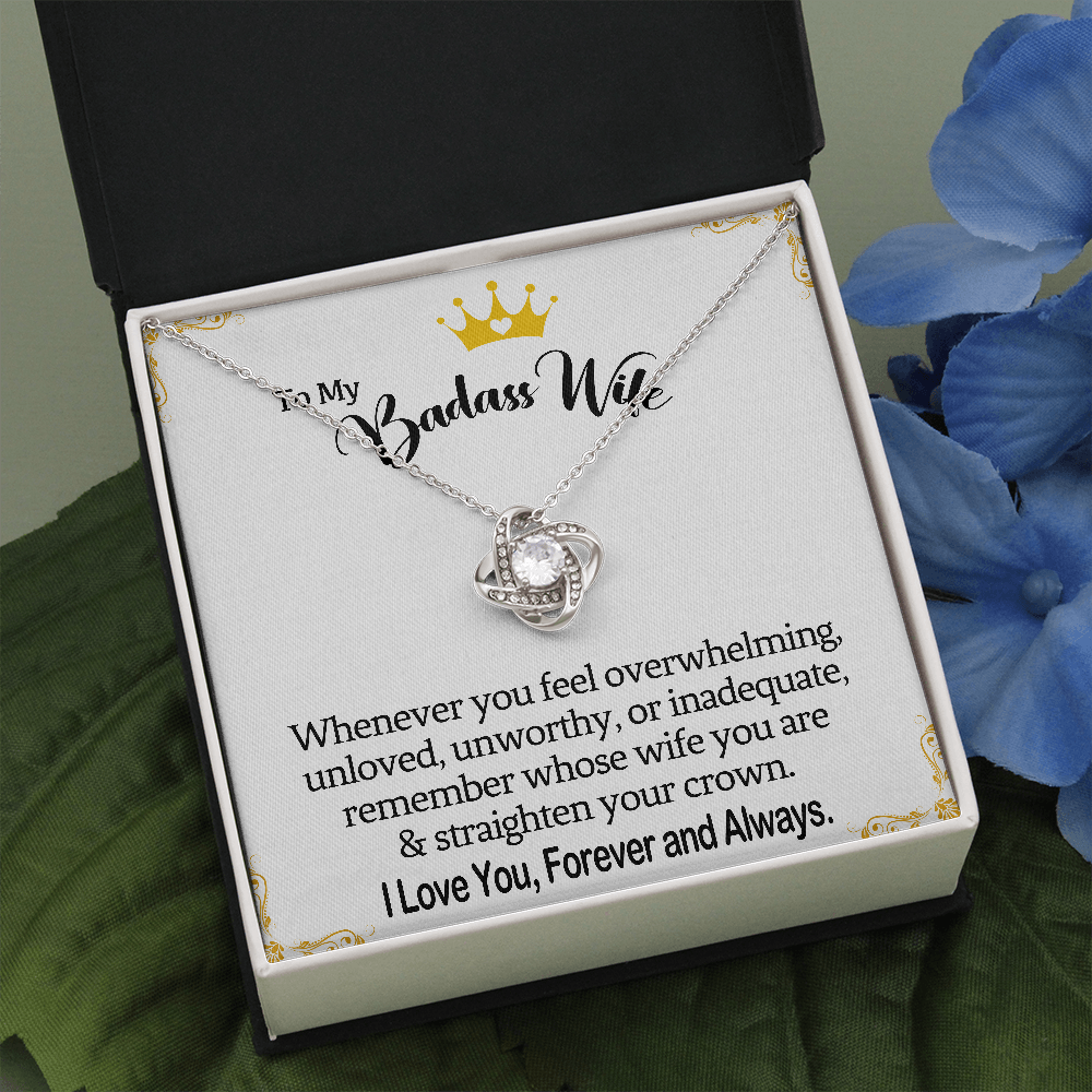 Wife Necklace Gift From Husband To My Badass Wife Crown Love Knot Pendant Valentines Day Anniversary Jewelry with Message Card and Gift Box. Gift for Wife. Necklace Gift Set for Wife