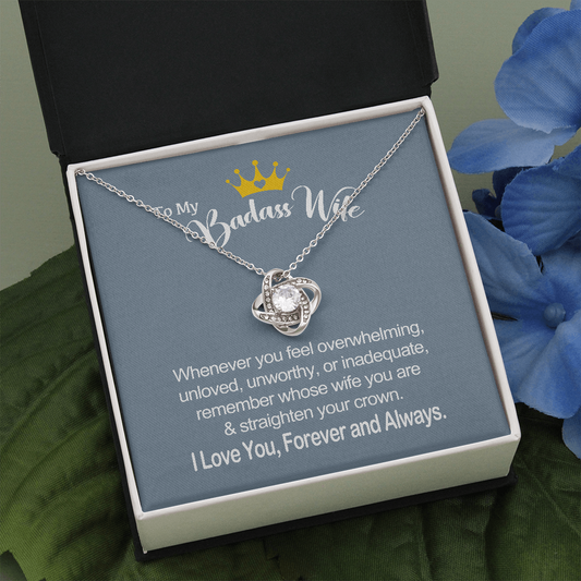 Wife Necklace Gift From Husband To My Badass Wife Crown Love Knot Pendant Valentines Day Anniversary Jewelry with Message Card and Gift Box. Gift for Wife. Necklace Gift Set for Wife