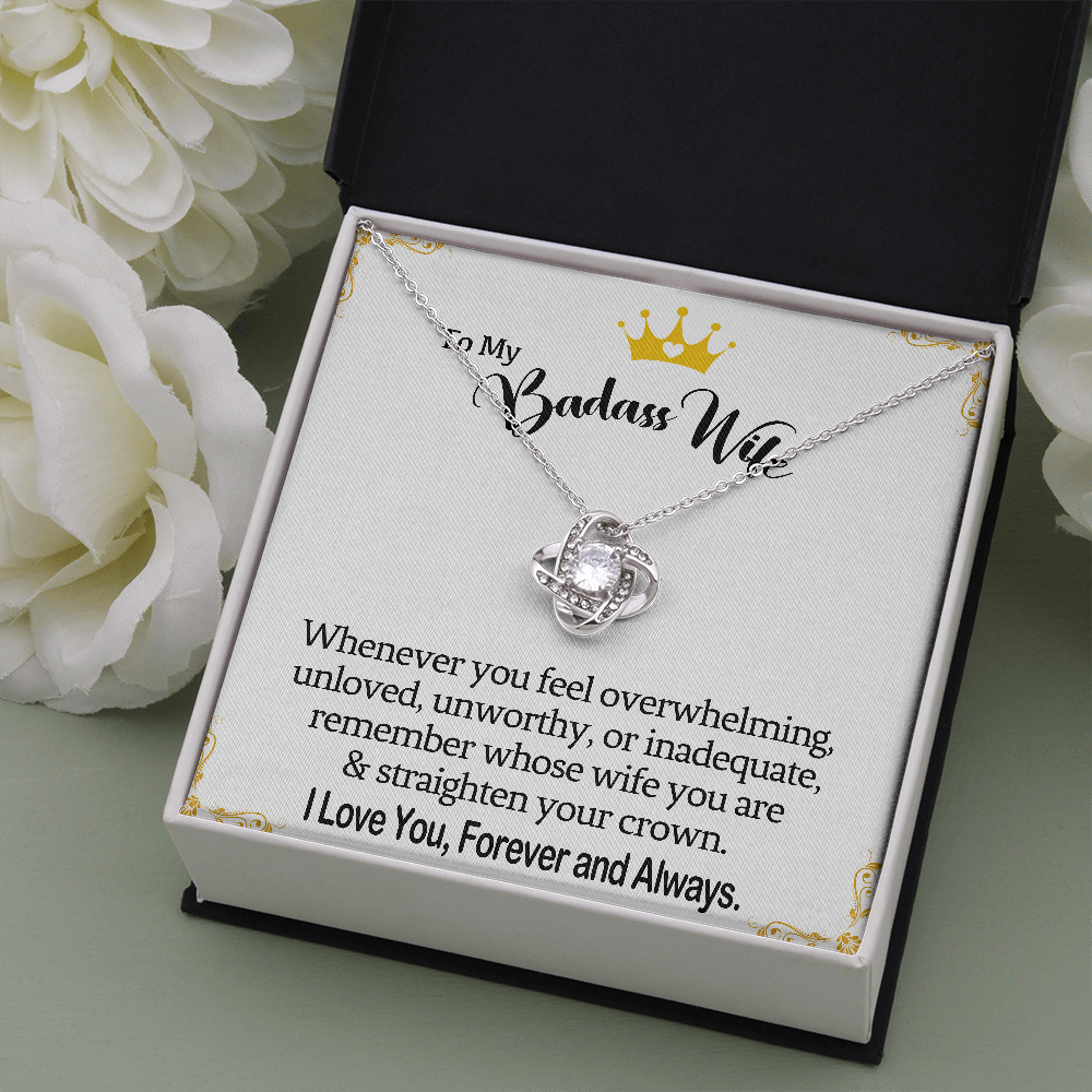 Wife Necklace Gift From Husband To My Badass Wife Crown Love Knot Pendant Valentines Day Anniversary Jewelry with Message Card and Gift Box. Gift for Wife. Necklace Gift Set for Wife
