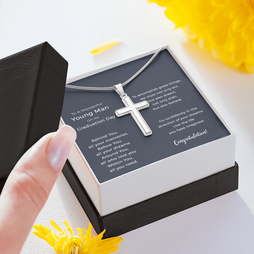 To A Wonderful Young Man Graduation Cross Necklace Gifts For Him, Go Confidently In The Direction Of Your Dreams.