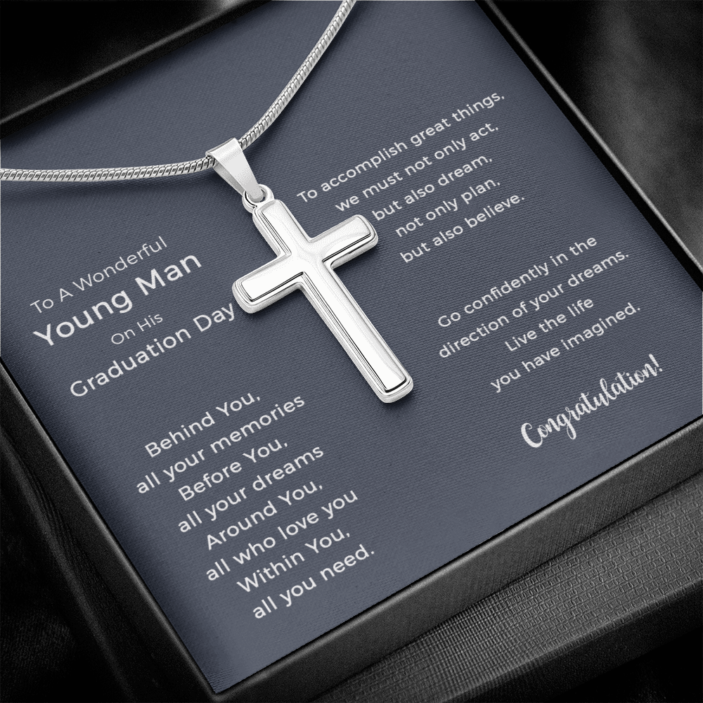To A Wonderful Young Man Graduation Cross Necklace Gifts For Him, Go Confidently In The Direction Of Your Dreams.
