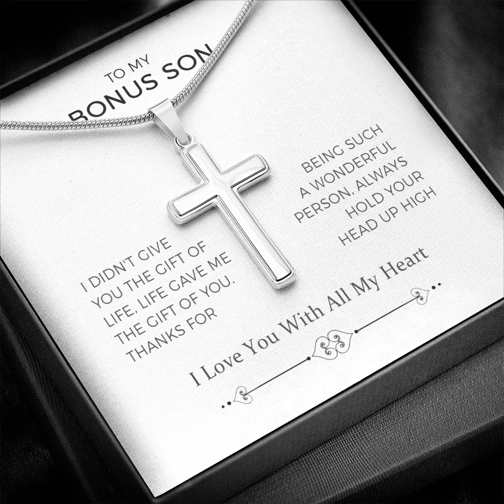 To My Bonus Son, Hold Your Head Up High, Cross Necklace