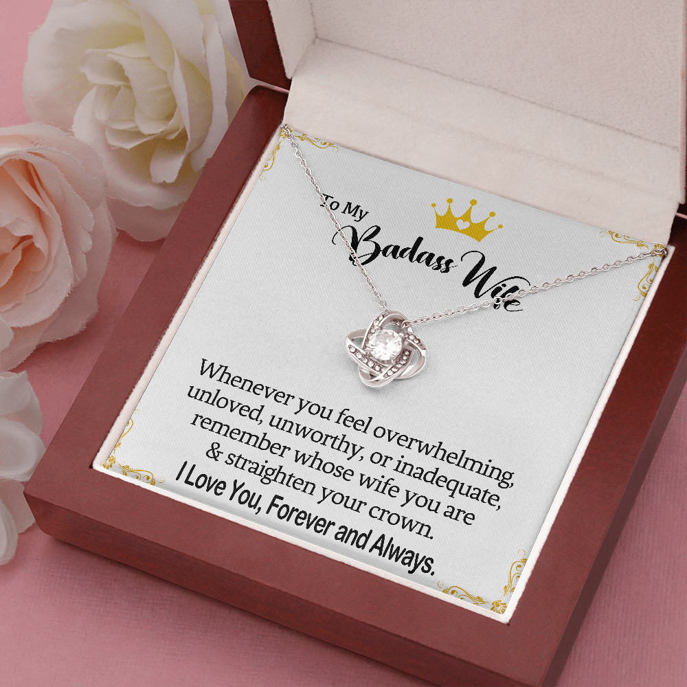 Wife Necklace Gift From Husband To My Badass Wife Crown Love Knot Pendant Valentines Day Anniversary Jewelry with Message Card and Gift Box. Gift for Wife. Necklace Gift Set for Wife