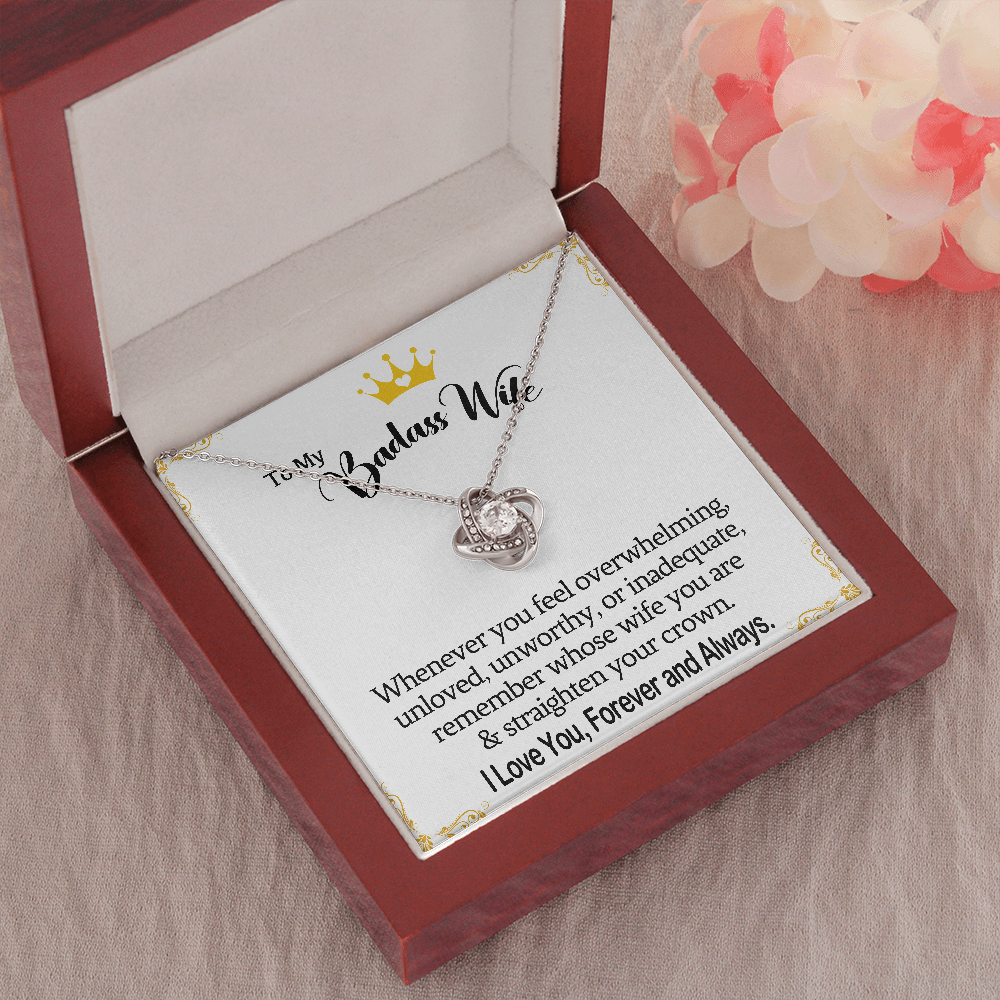 Wife Necklace Gift From Husband To My Badass Wife Crown Love Knot Pendant Valentines Day Anniversary Jewelry with Message Card and Gift Box. Gift for Wife. Necklace Gift Set for Wife