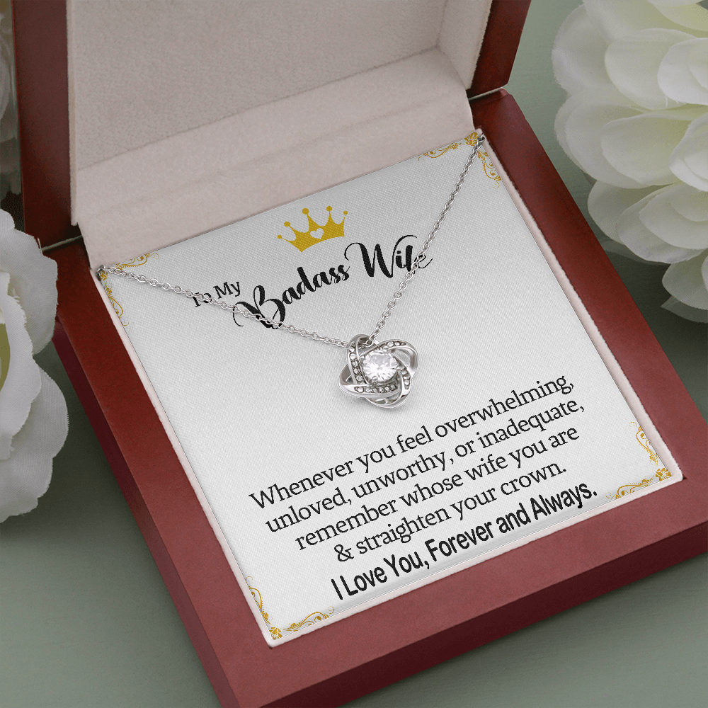 Wife Necklace Gift From Husband To My Badass Wife Crown Love Knot Pendant Valentines Day Anniversary Jewelry with Message Card and Gift Box. Gift for Wife. Necklace Gift Set for Wife