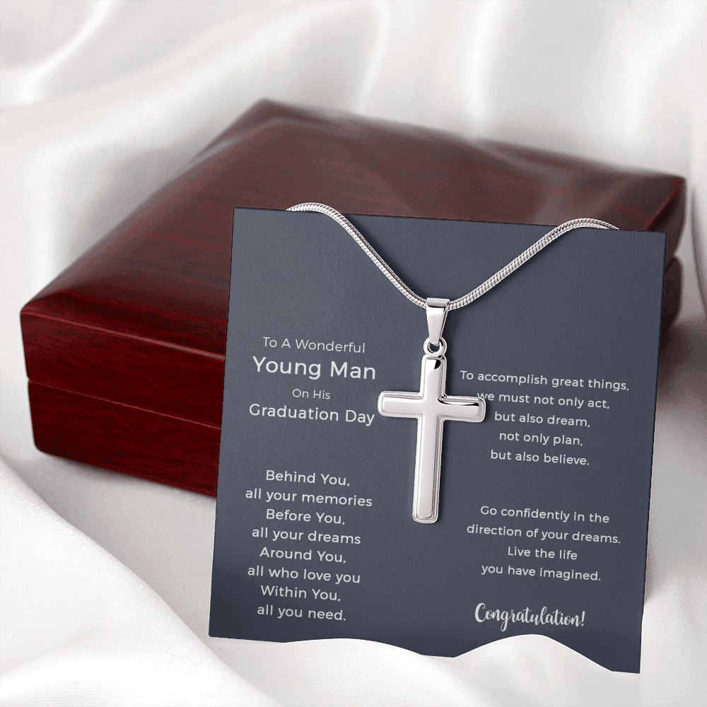 To A Wonderful Young Man Graduation Cross Necklace Gifts For Him, Go Confidently In The Direction Of Your Dreams.