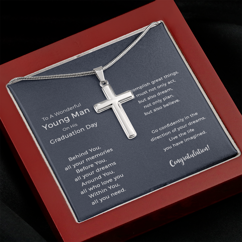 To A Wonderful Young Man Graduation Cross Necklace Gifts For Him, Go Confidently In The Direction Of Your Dreams.